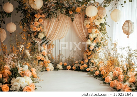 Romantic wedding setup indoor venue floral decorations elegant environment captivating viewpoint celebration of love 130221642