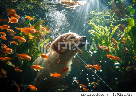 Playful dog exploring underwater with colorful fish freshwater tank photography aquatic environment close-up joyful interaction Playful dog exploring underwater with colorful fish freshwater tank photography aquatic environment close-up joyful interaction 130221725