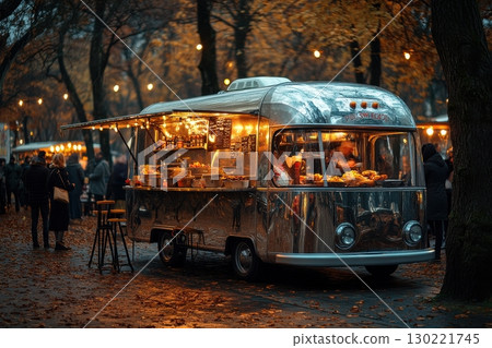 Food truck festival urban park photography evening atmosphere low angle community gathering 130221745