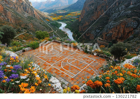 Scenic basketball court overlooking river valley peru outdoor sports venue vibrant flowers aerial view unique landscape 130221782