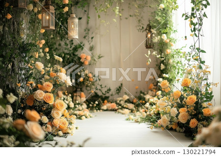 Romantic floral pathway indoor venue wedding decor elegant atmosphere close-up view love and celebration 130221794