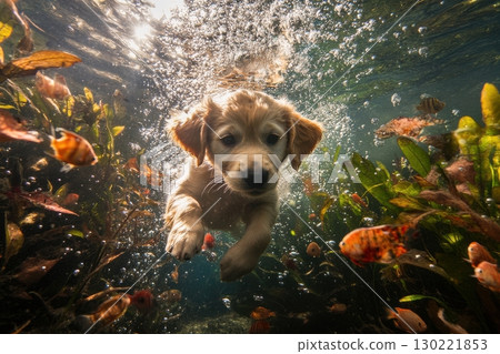 Playful puppy diving underwater aquatic environment nature photography vibrant ecosystem close-up view adventure concept 130221853