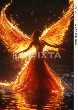 Fiery angelic transformation serene lake fantasy art ethereal atmosphere dramatic perspective mythical concept for seo impact 130221865