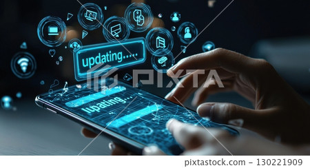 Mobile device updating process digital environment technology content interactive interface user perspective data management concept 130221909