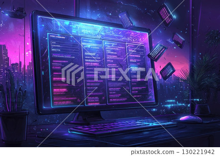Futuristic cyberpunk desktop setup urban city digital art nighttime aesthetic technology innovation 130221942