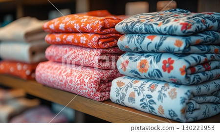 Colorful textile display fabric store product showcase retail environment close-up view craftsmanship appreciation 130221953