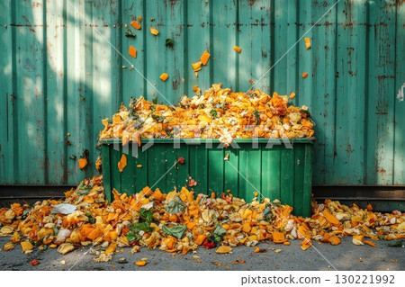 Food waste overflowing from green bin in urban environment photographic image waste management concept 130221992