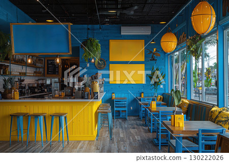 Modern coffee shop interior design urban city photography vibrant color scheme wide-angle view contemporary atmosphere 130222026