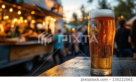 Outdoor beer festival celebration urban beer garden beverage photography vibrant evening atmosphere close-up view enjoying refreshments 130222061
