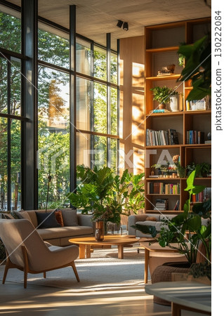 Cozy reading space urban library interior design natural light modern aesthetic serenity and comfort 130222084