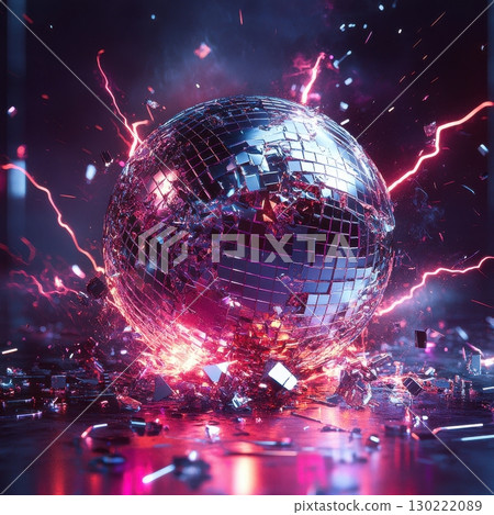Dynamic disco sphere action dance floor digital art club environment close-up viewpoint futuristic vibes 130222089