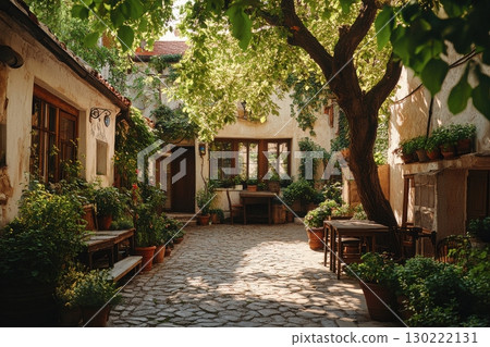 Charming courtyard garden quaint village scenic photography lush plants tranquil atmosphere nature's beauty 130222131