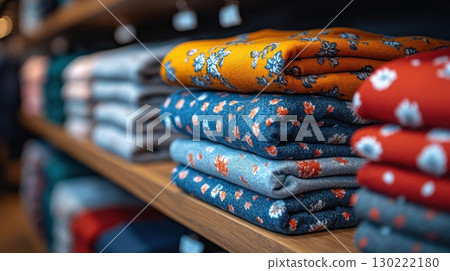 Colorful folded fabrics displayed in a retail store fashion merchandise cozy environment close-up view textile trends Colorful folded fabrics displayed in a retail store fashion merchandise cozy environment close-up view textile trends 130222180