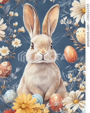 Easter bunny surrounded by colorful eggs and flowers spring garden illustration whimsical close-up festive vibe 130222193