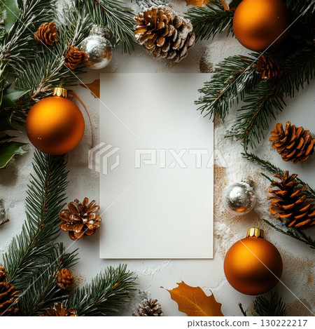 Festive holiday decorations cozy indoor setting decorative elements warm atmosphere top-down view seasonal celebration 130222217