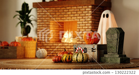 Halloween theme with assorted pumpkins and a ghostly figure. 3D render illustration 130222322