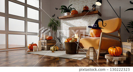 Charming Halloween living room with pumpkins and cozy atmosphere. 3D render illustration 130222323