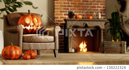 Spooky living room with Halloween decorations and carved pumpkins. 3D render illustration Spooky living room with Halloween decorations and carved pumpkins. 3D render illustration 130222328