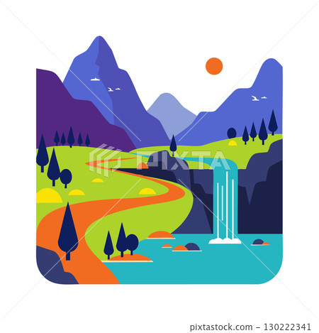 Mountain landscape with waterfall river and winding path in bright colors vector illustration 130222341