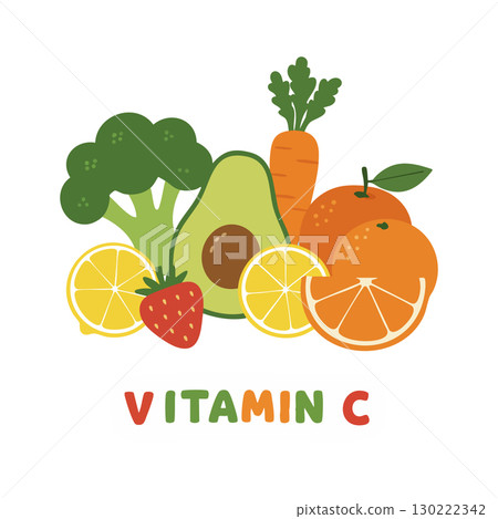Vitamin C Rich Fruits and Vegetables Including Avocado Carrot Orange Broccoli Strawberry Lemon Vector Illustration 130222342