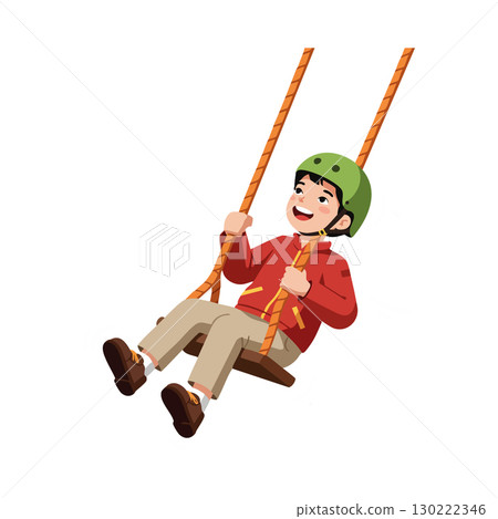 Boy swinging on rope swing wearing helmet and red jacket outdoor activity fun play 130222346
