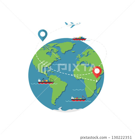 Global trade shipping routes with cargo ships airplane and location markers vector illustration 130222351