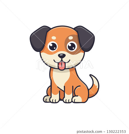 Cute brown and white puppy dog sitting with tongue out cartoon vector illustration 130222353