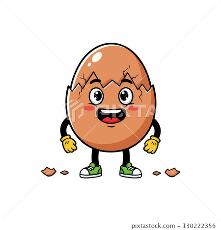 Happy cracked egg cartoon character with gloves and sneakers vector illustration 130222356