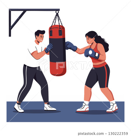 Boxing training session with male coach and female athlete punching bag workout vector illustration 130222359