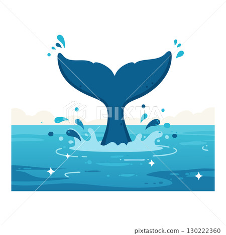 Whale tail splashing water in ocean with blue waves and water droplets vector illustration 130222360