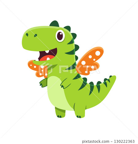 Cute green dinosaur with orange wings cartoon character illustration vector design 130222363