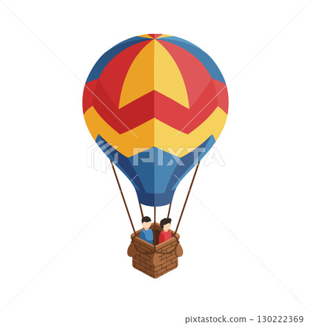 Hot air balloon with couple flying in colorful striped balloon basket vector illustration Hot air balloon with couple flying in colorful striped balloon basket vector illustration 130222369