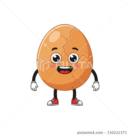 Happy cracked egg character with red shoes and smiling face vector illustration Happy cracked egg character with red shoes and smiling face vector illustration 130222371