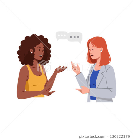 Two women having conversation with speech bubbles in casual and business attire vector illustration 130222379