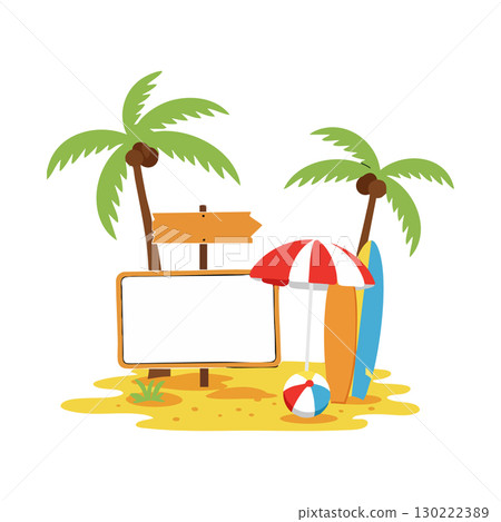 Tropical beach scene with palm trees surfboard umbrella and blank sign vector illustration 130222389