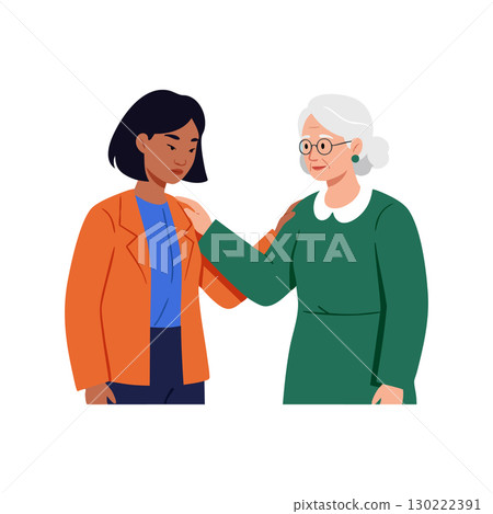 Elderly woman comforting young woman in orange jacket and blue shirt illustration vector Elderly woman comforting young woman in orange jacket and blue shirt illustration vector 130222391