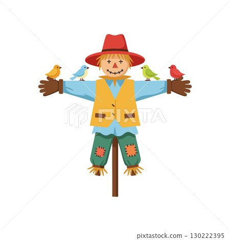 Scarecrow with colorful birds perched on arms illustration vector design 130222395