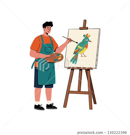 Male artist painting colorful bird on canvas with easel and palette vector illustration 130222396