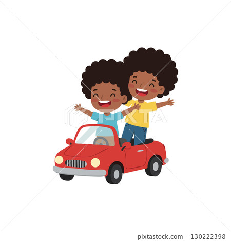 Two happy children enjoying ride in small red toy car vector illustration 130222398