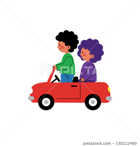 Children riding red toy car with green and purple clothes vector illustration 130222400