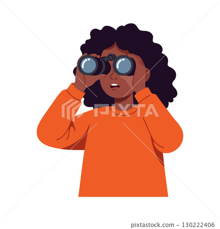 Child looking through binoculars with curly hair and orange sweater vector illustration 130222406