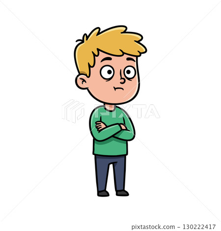 Young boy standing with crossed arms wearing green sweater and blue pants vector illustration Young boy standing with crossed arms wearing green sweater and blue pants vector illustration 130222417