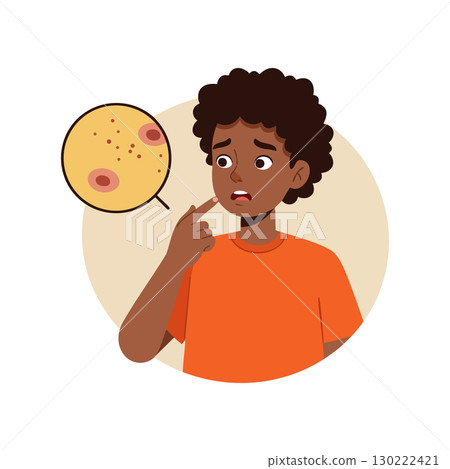 Boy concerned about skin acne problem vector illustration in orange shirt 130222421