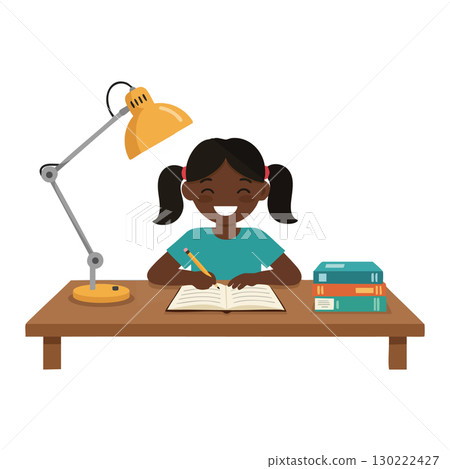 Girl studying at desk with yellow lamp and books vector illustration smiling happy 130222427
