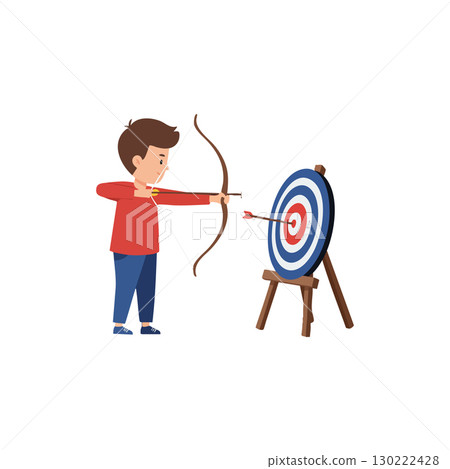 Boy practicing archery with bow and arrow hitting target center vector illustration 130222428