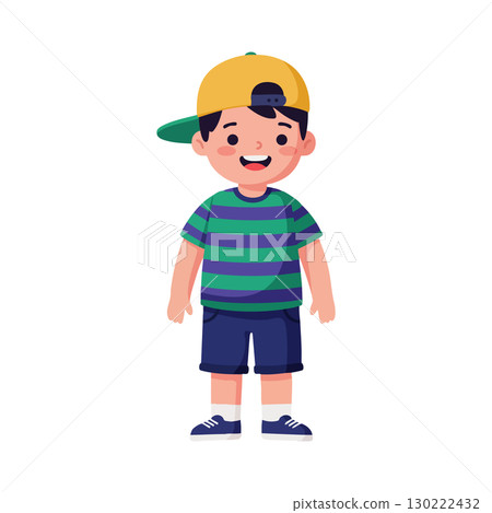 Smiling happy boy in striped shirt and cap standing vector illustration 130222432