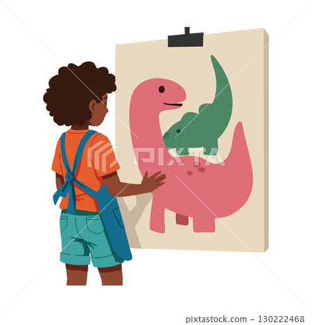 Child painting colorful dinosaurs on canvas with apron in creative art activity vector 130222468