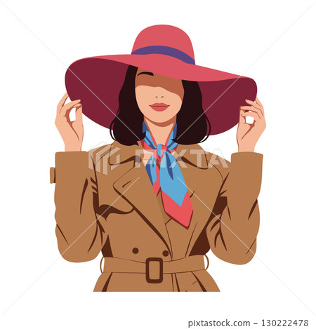 Woman wearing large red hat and brown trench coat holding hat edges vector illustration 130222478