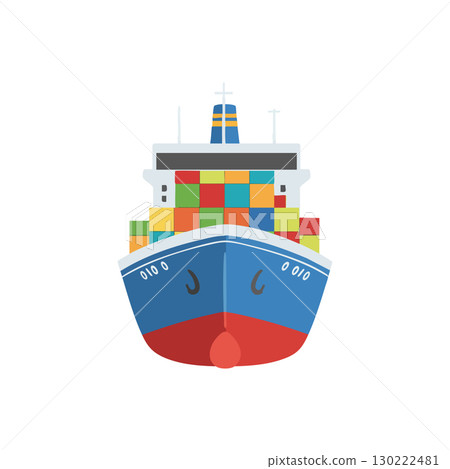 Cargo ship front view with colorful containers stacked on deck vector illustration 130222481