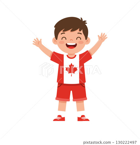 Happy boy wearing Canadian flag t shirt and red shorts smiling with arms raised vector illustration 130222497